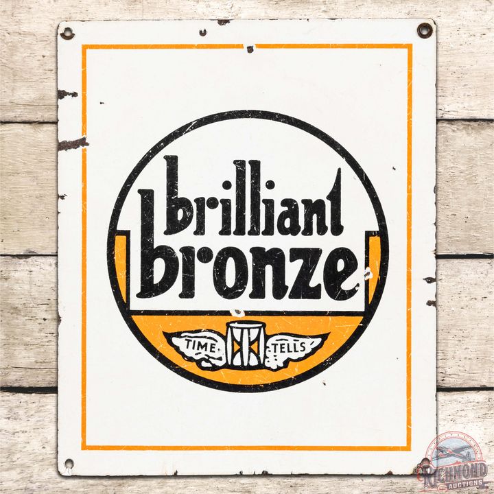 Rare Johnson Brilliant Bronze SS Porcelain Gas Pump Plate Sign w/ Time Tells Logo