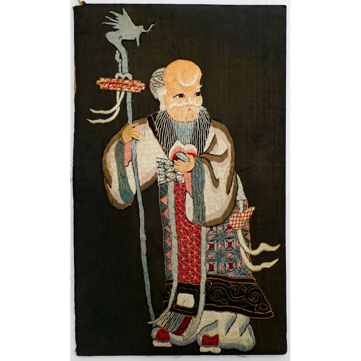 Old Chinese Shou Lao Silk Embroidered Panel 20''x12''