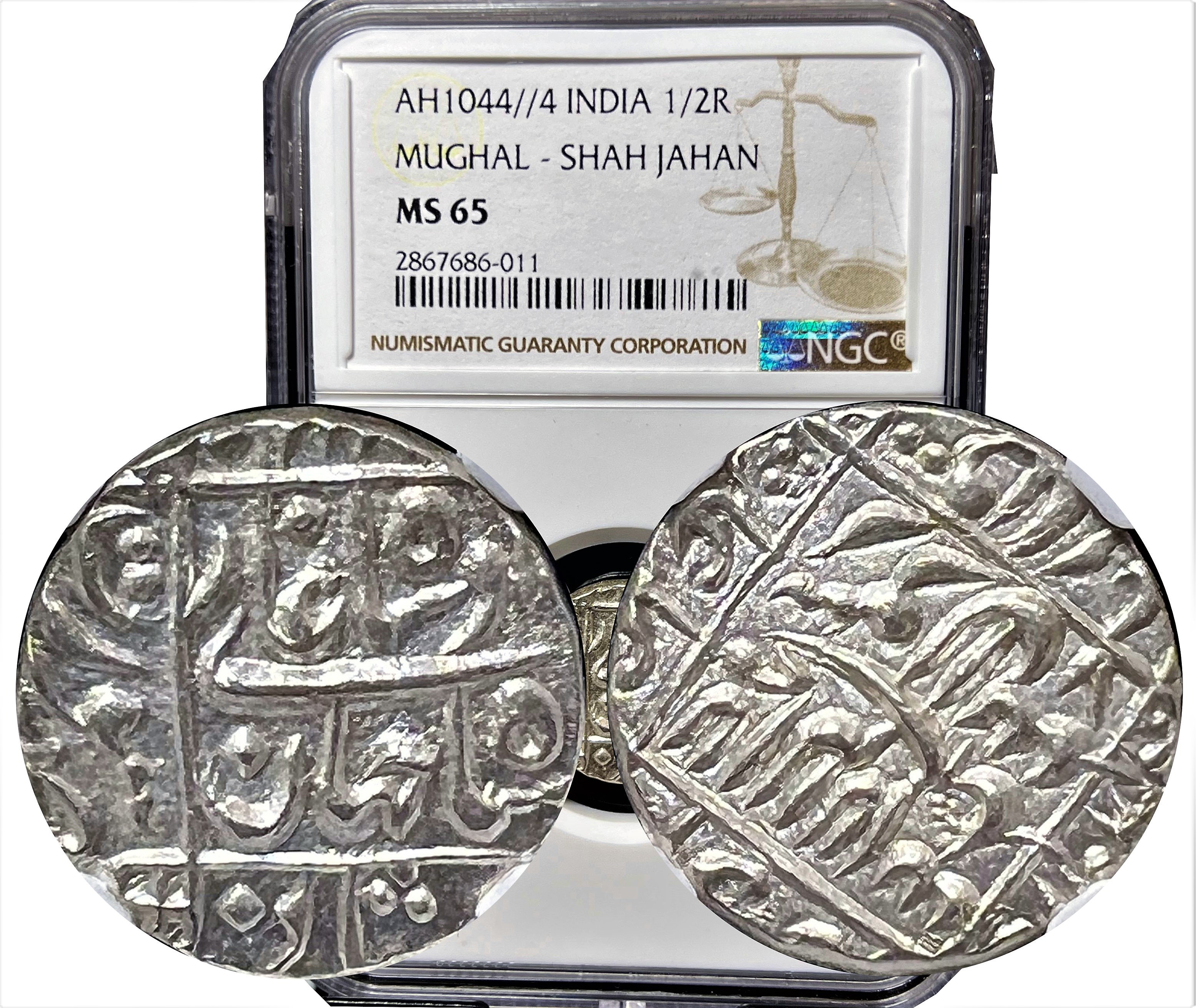 AH1044//4 INDIA 1/2 RUPEE SHAH JAHAN MS65