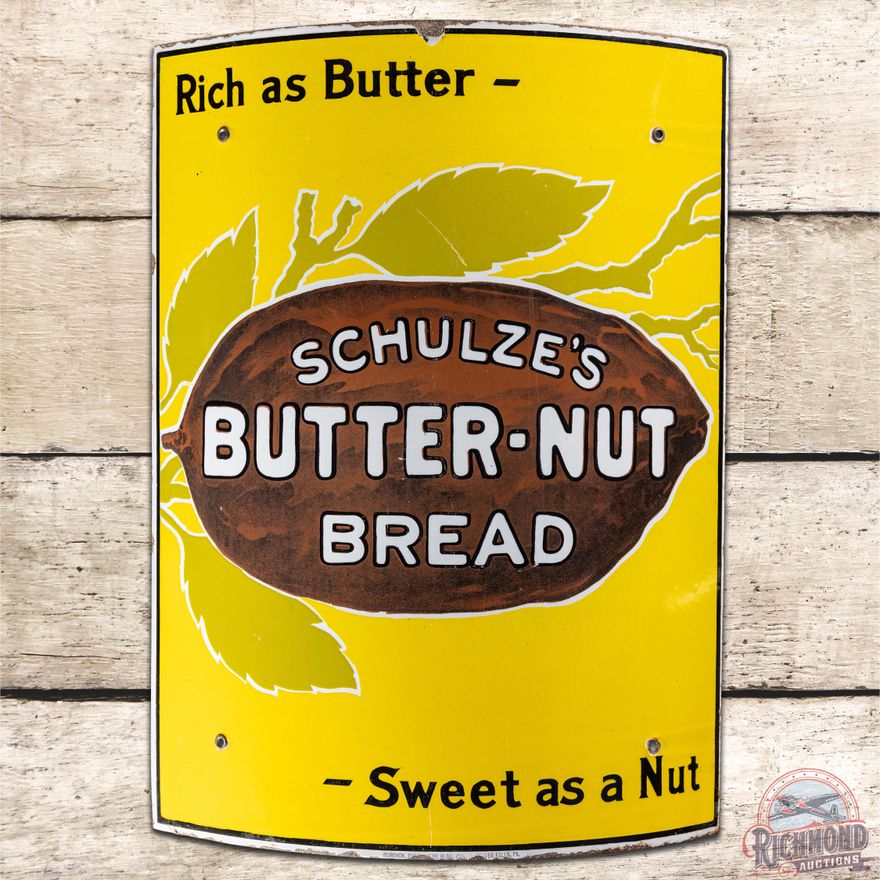 Schulze's Butter Nut Bread "Sweet as a Nut" Curved SS Porcelain Sign