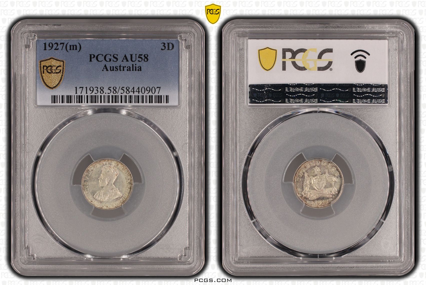 221 · Threepence, 1927(m), PCGS AU58