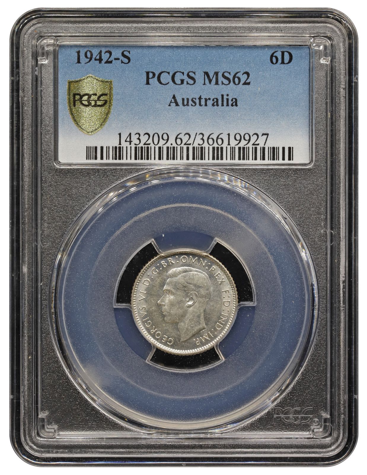 1942-S フィジー 6ペンス ジョージ6世銀貨　PCGS認証 Australia, 6 Pence, 1942-S, PCGS MS 62 | TRIGOMETRIC SDN. BHD.