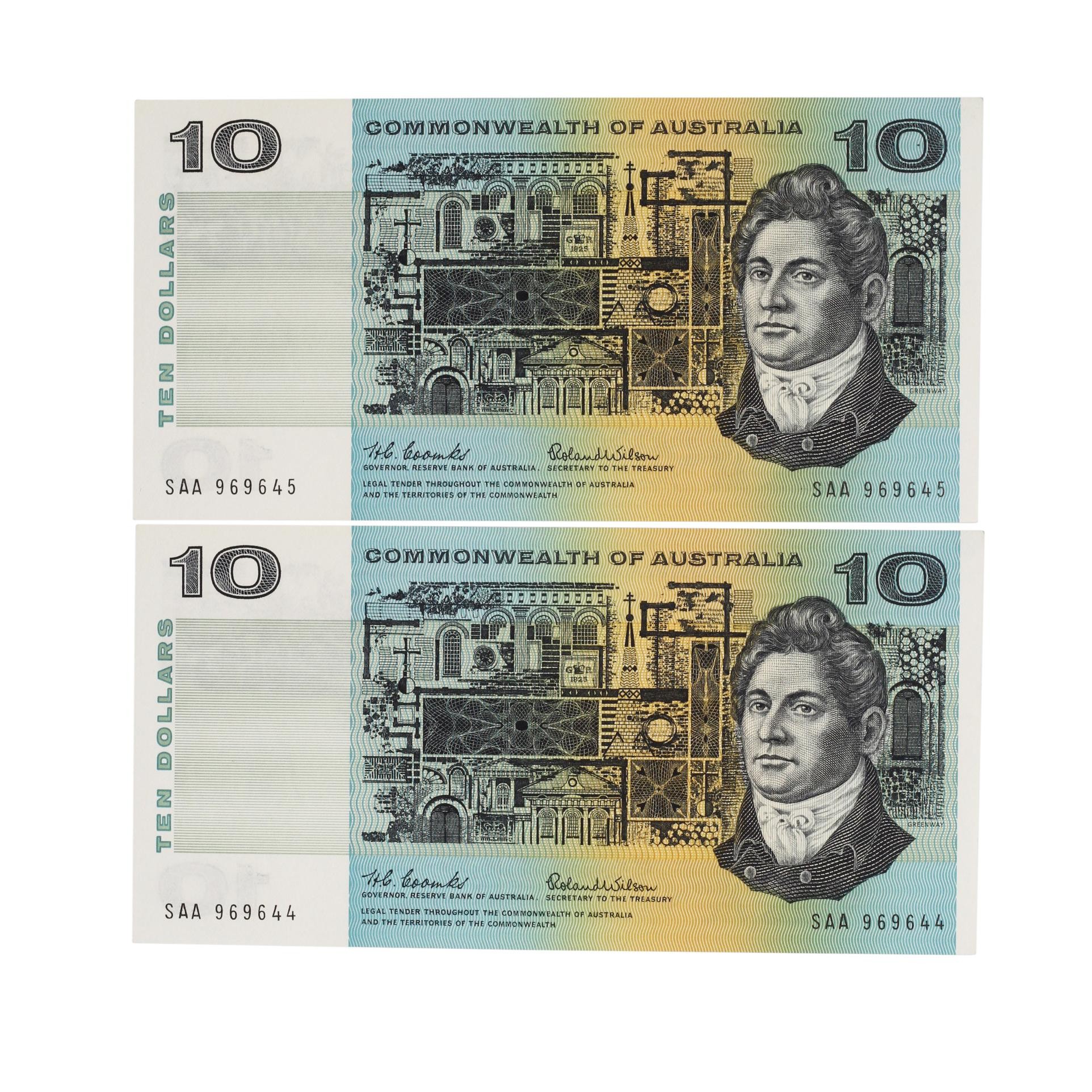2220. · Consecutive Pair, Coombs/Wilson, Ten Dollars, 1966, UNC