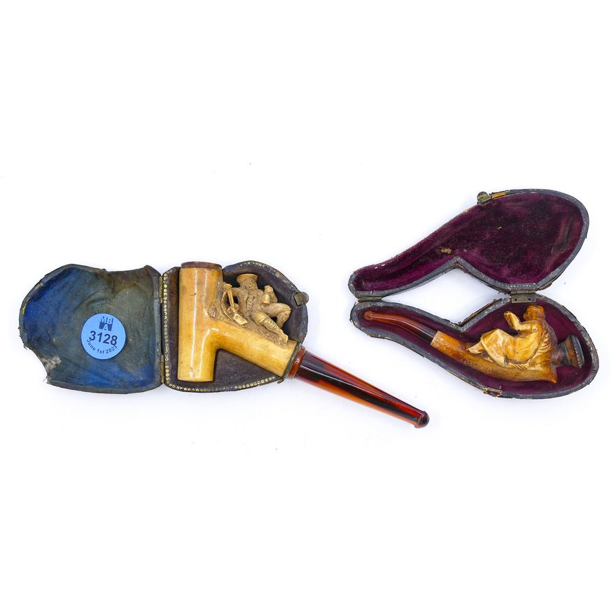 2pc Antique Meerschaum Figural Small Pipes in Cases 3.5'' and 4''