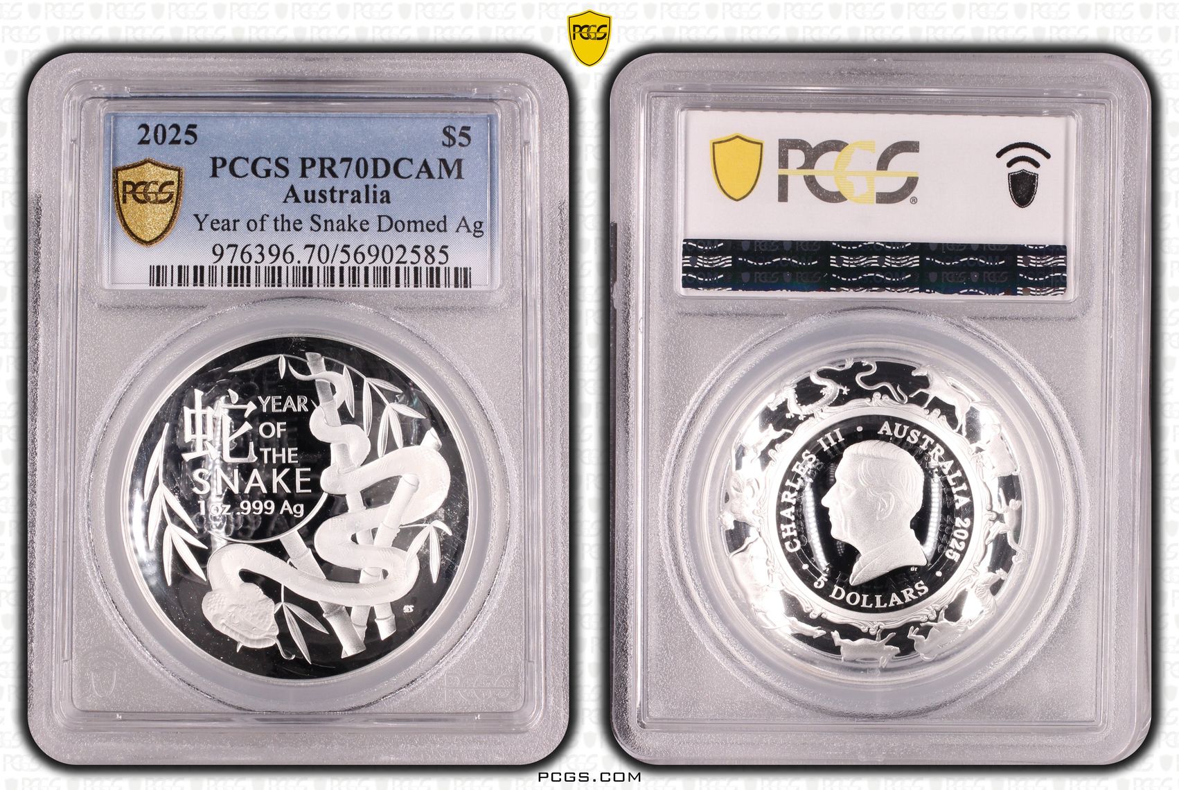 Year of the Snake Domed Ag, POP 5/0, Five Dollar, 2025, PCGS PR70DCAM
