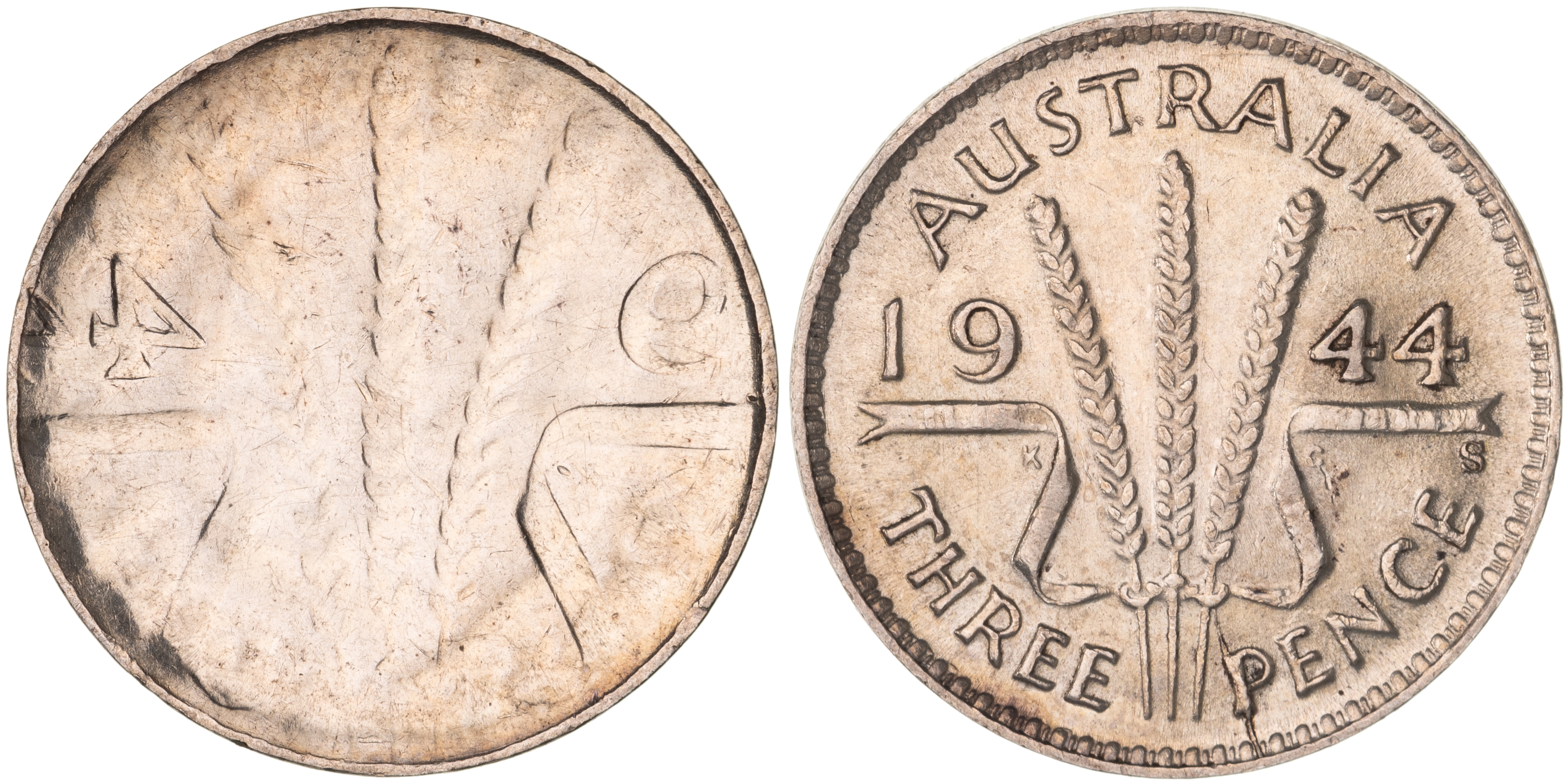 George VI, Brockage Error, Threepence, 1944-S, aUNC