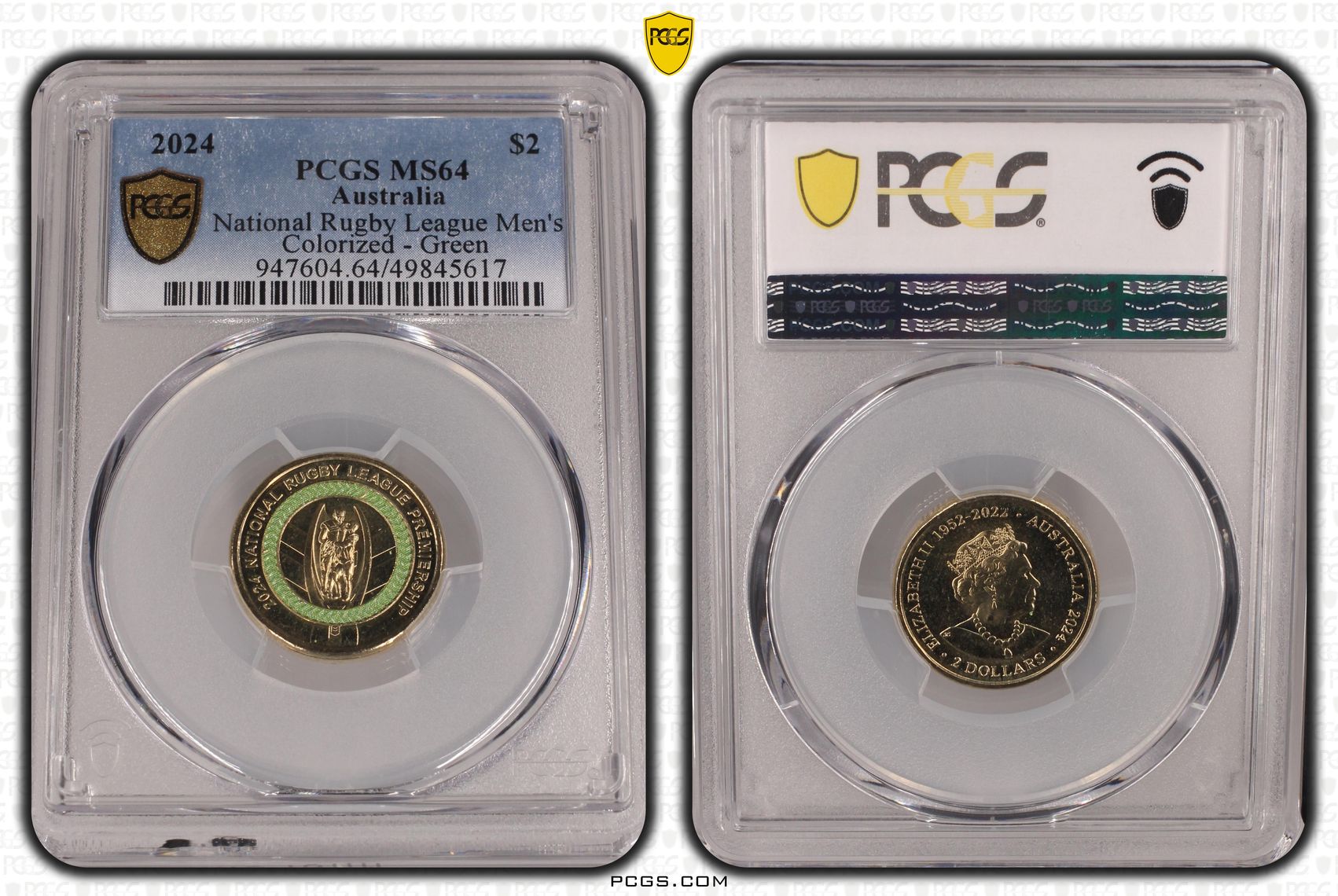 National Rugby League Men's Colorized - Green, Two Dollar, 2024, PCGS MS64