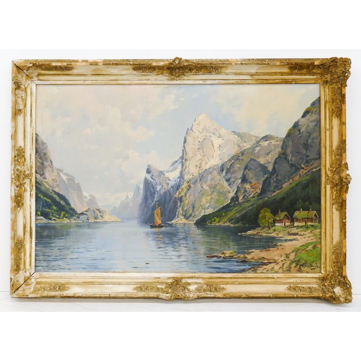 Carl Bertold (b.1870 Switzerland) Summer Lake Landscape Oil on Canvas. Framed- 30x42''
