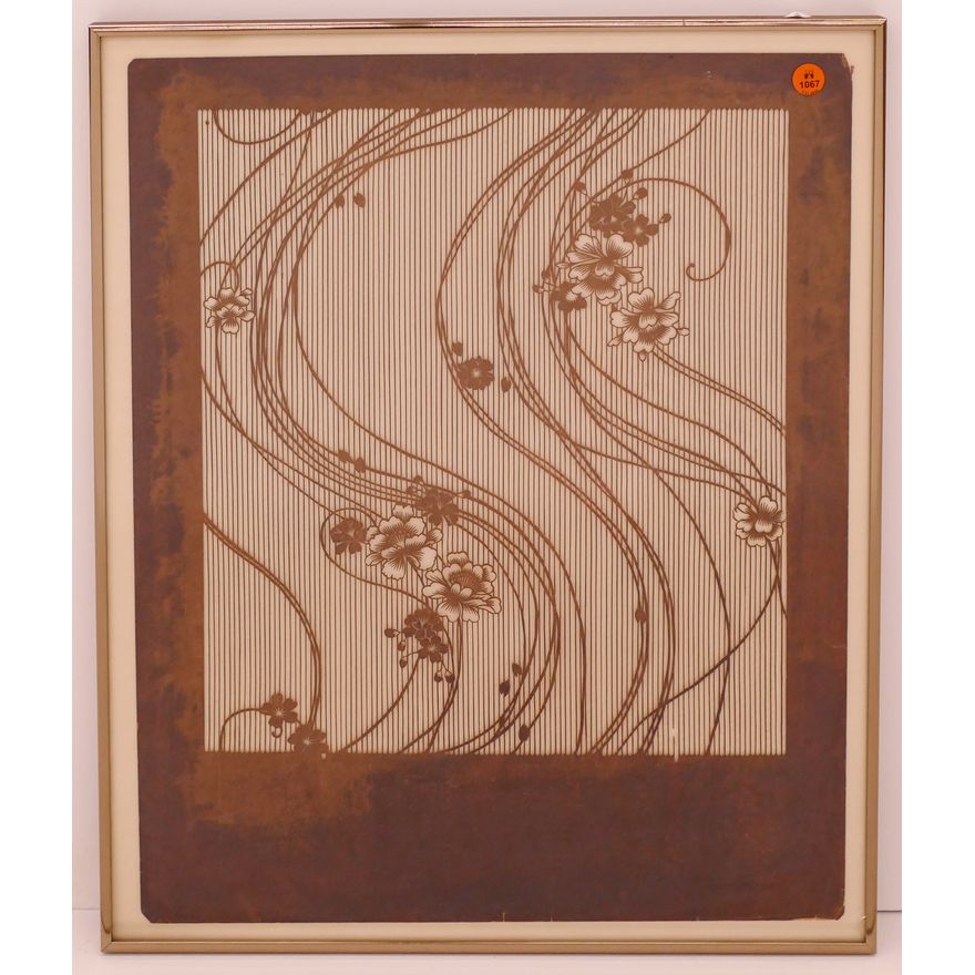 Japanese Katagami Floral Papercut Stencil Framed- 23x19''