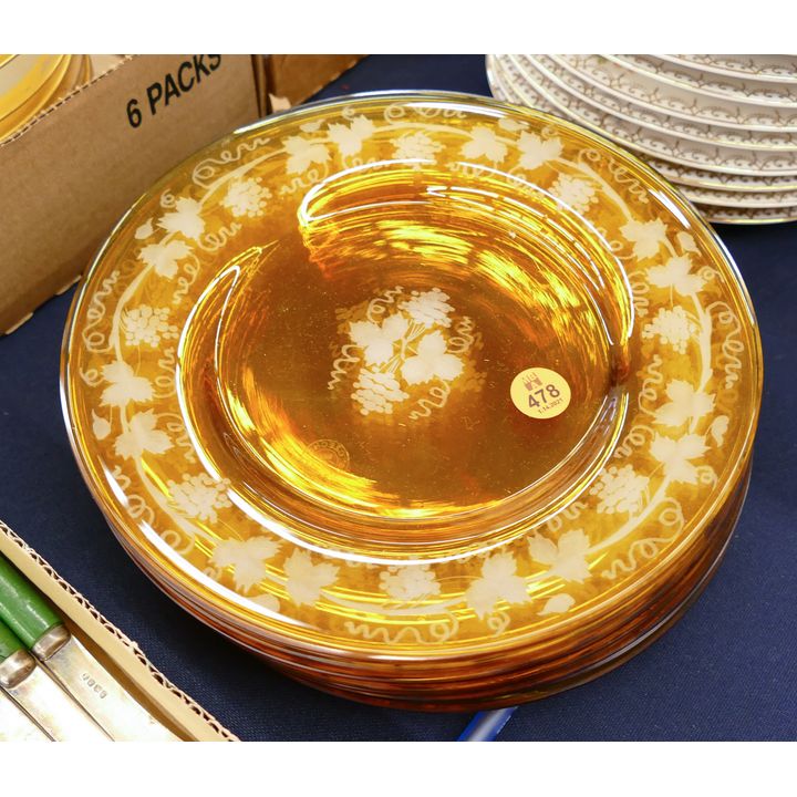 Set 10pc Czech Etched Amber Glass Grape Pattern Plates- 8.5''
