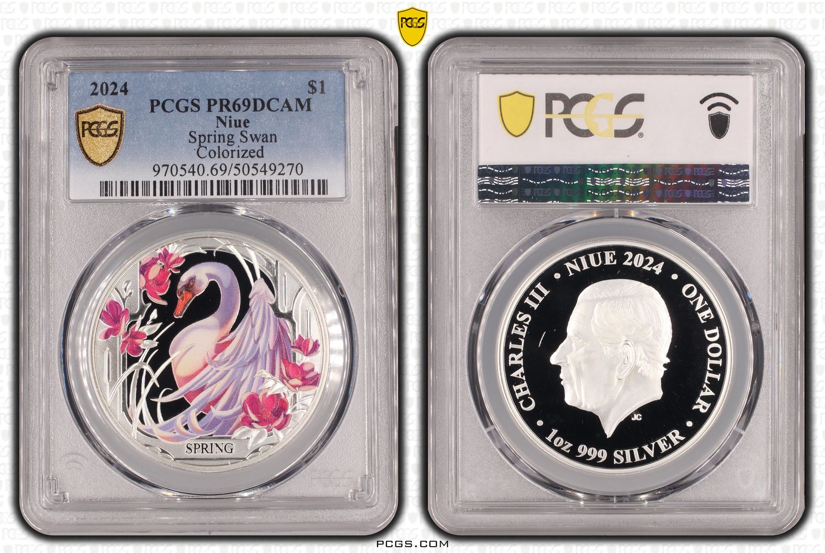229 · Niue, Spring Swan Colourised, POP 1/0, One Dollar, 2024, PCGS PR69DCAM