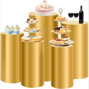 LNRUEG 5 PCS GOLDEN CYLINDER STAND COVERS, CYLINDER PEDESTAL STAND COVERS FOR PARTY, ASSORTED SIZE ELASTIC DESSERT TABLE DISPLAY P