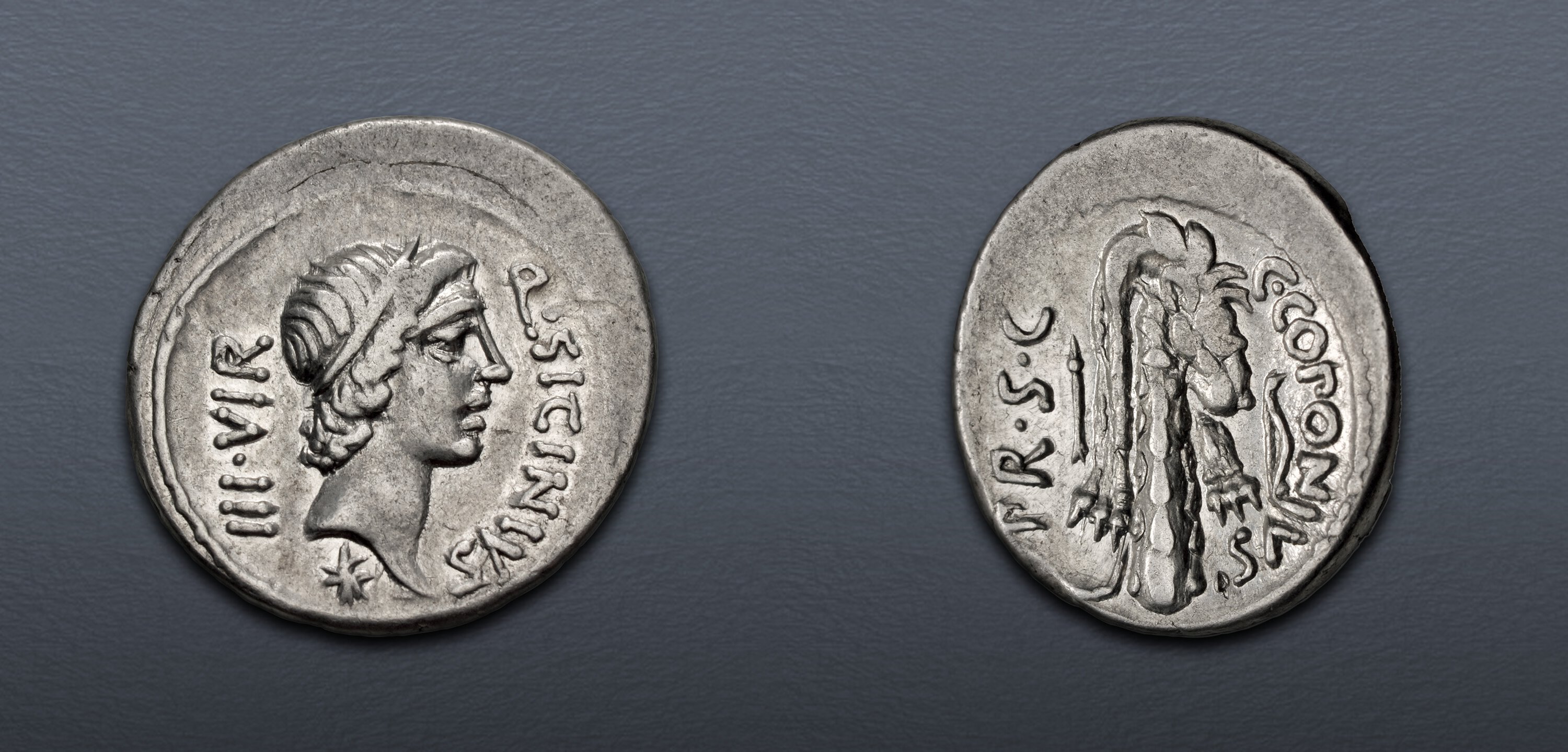 The Pompeians. Q. Sicinius and C. Coponius. 49 BC. AR Denarius (17.5mm ...