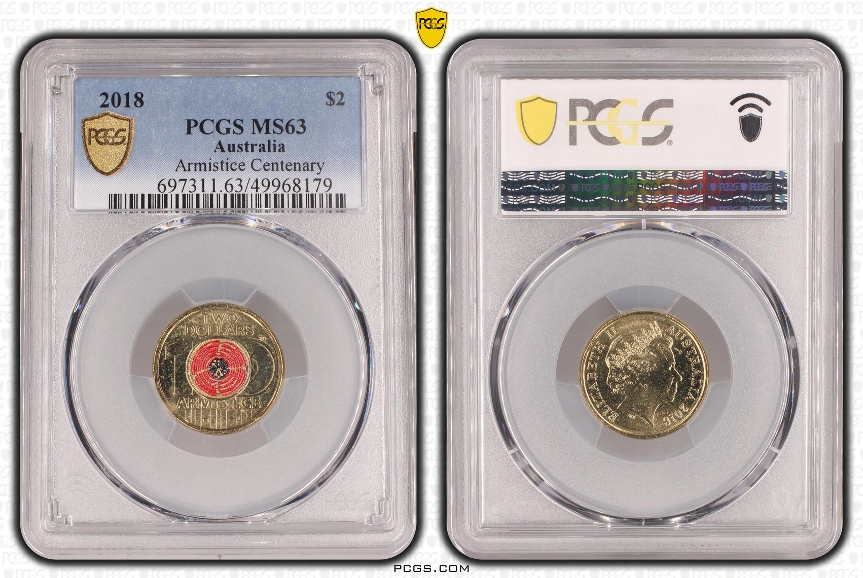 Armistice Centenary Colourised, Two Dollar, 2018, PCGS MS63