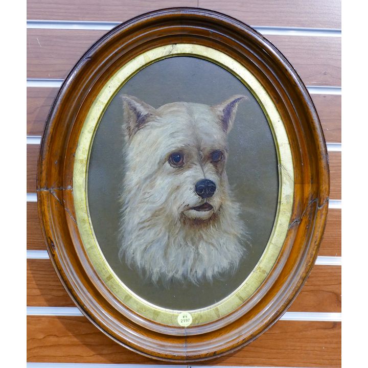 Victorian Oval Dog Portrait Oil on Canvas Framed- 18x15''