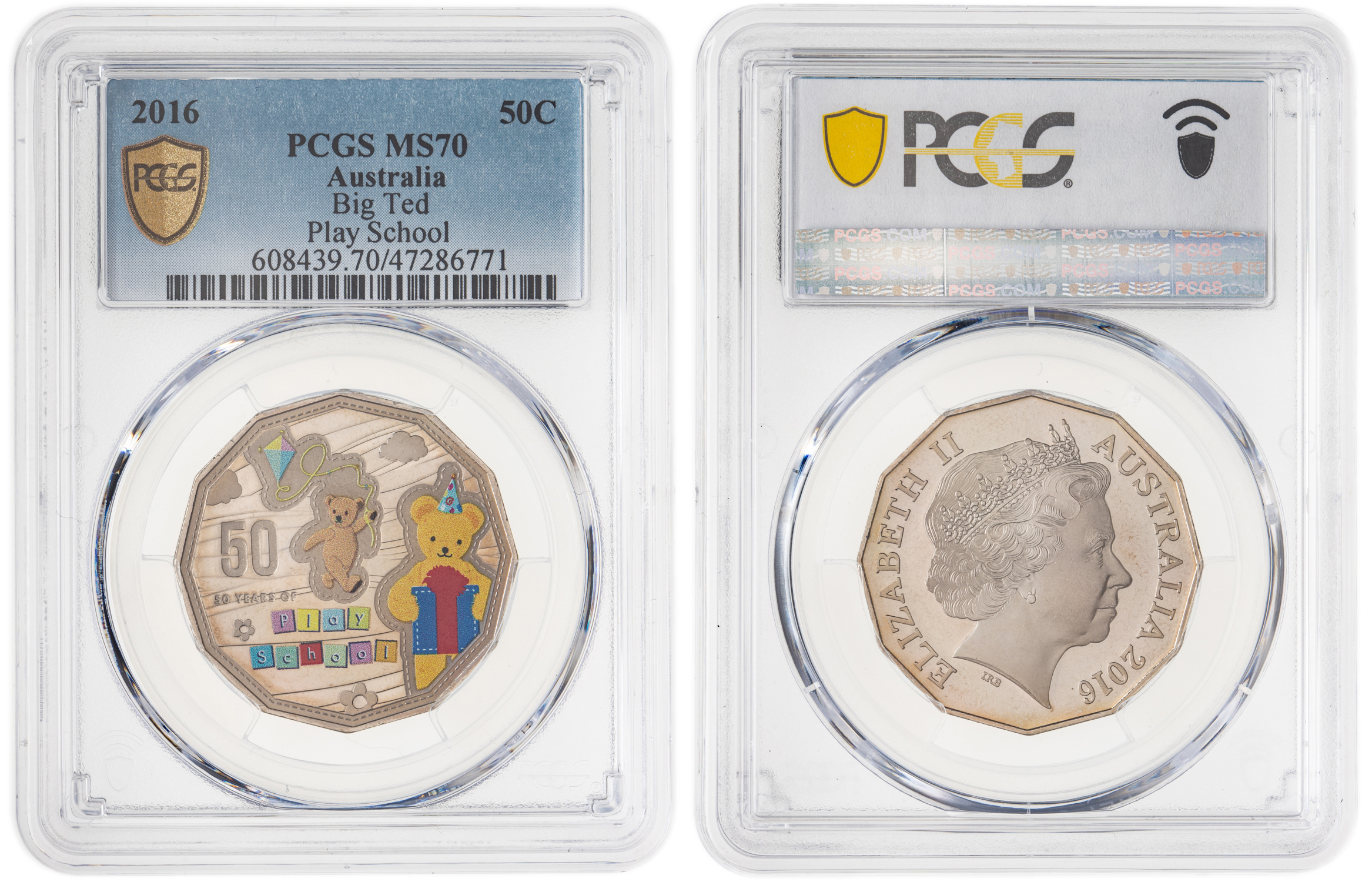 204 · Elizabeth II, Play School Big Ted, Pop 9/0, Fifty Cent, 2016, PCGS MS70