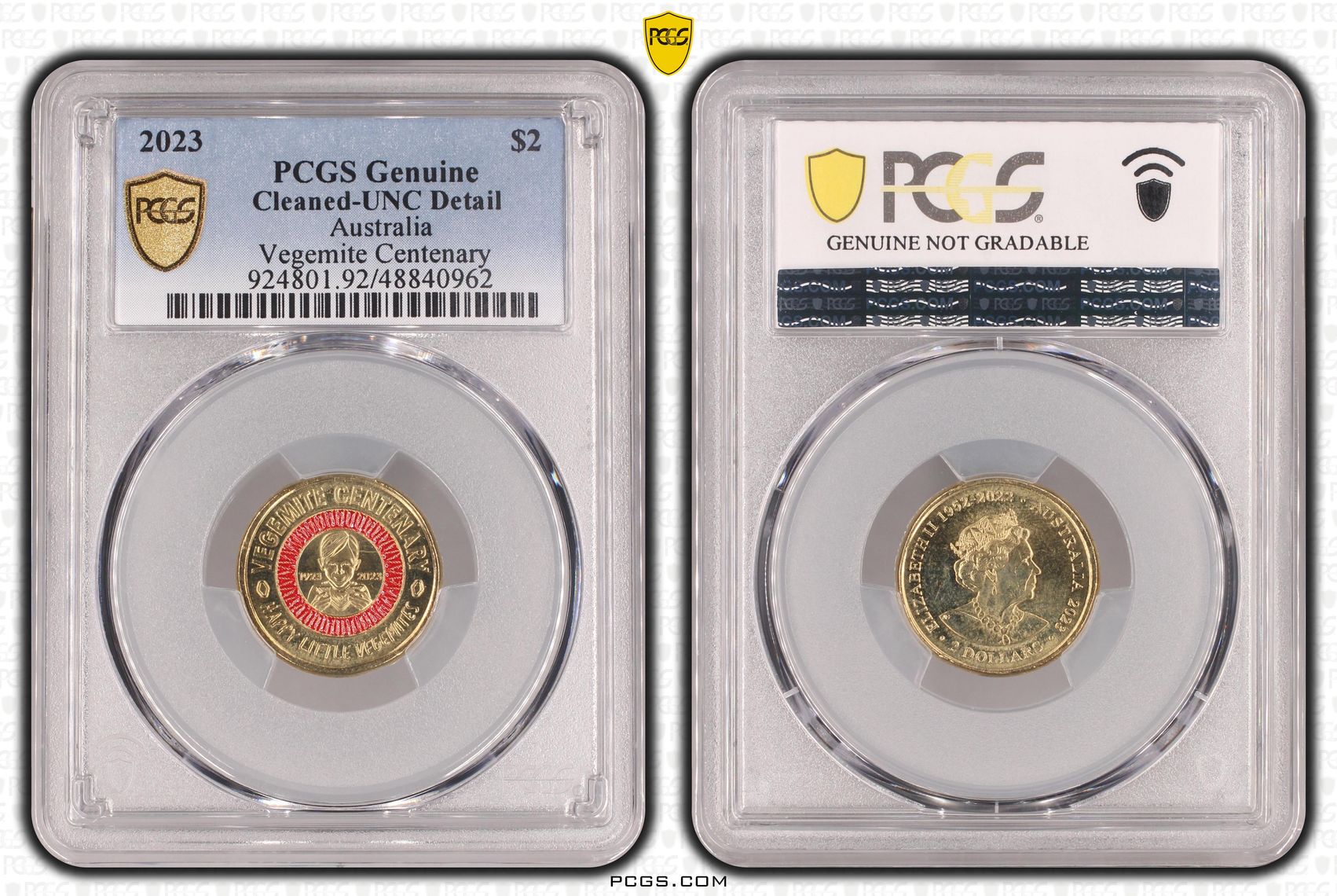 Elizabeth II, Vegemite Centenary - Happy Little Vegemites, Two Dollar, 2023, PCGS Genuine - UNC Details (92 - Cleaned)