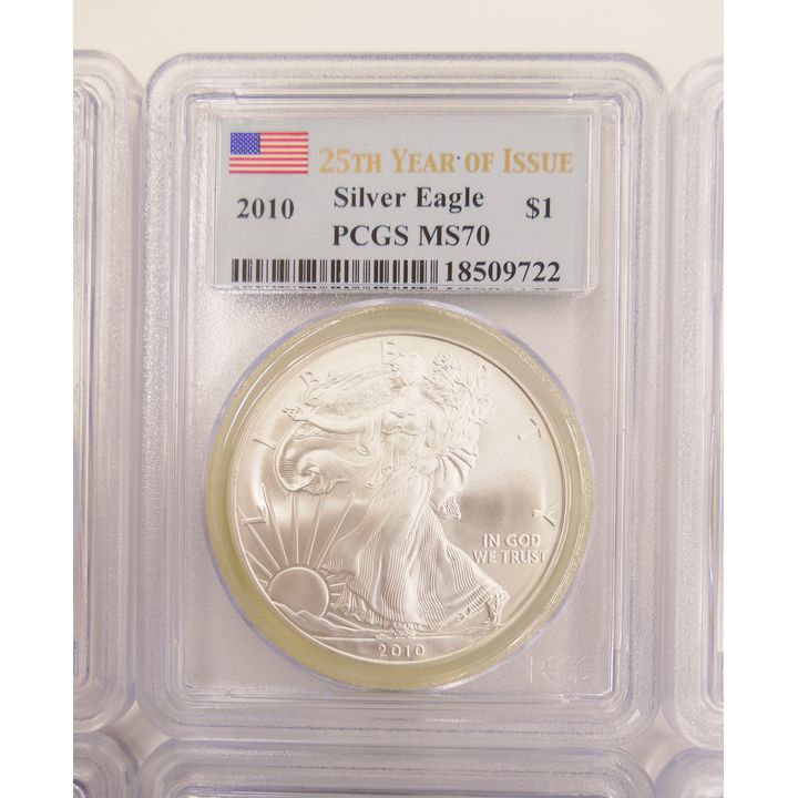 10pc United States 2010 Silver Eagle $1 25th Year of Issue Coins, PCGS MS70