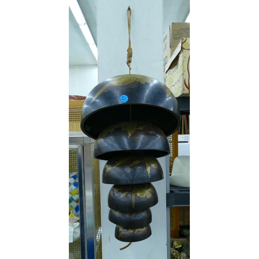 Japanese Crane Painted Tiered Temple Bells 17''