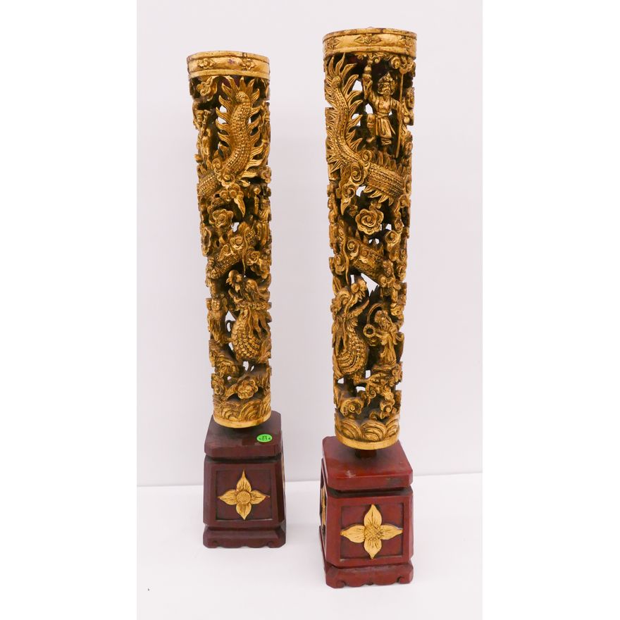 Pair Old Chinese Gilt Lacquered Wood Tall Candle Stands- 24x4'' each