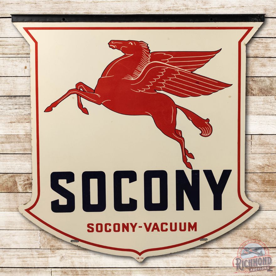 1934 48" Mobil Socony Vacuum Double Sided Porcelain Shield Sign w/ Pegasus