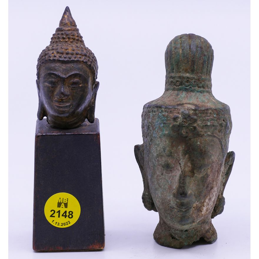 2pc Antique Asian Bronze Buddha Head Fragments- 4'' and 5''