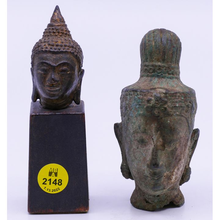 2pc Antique Asian Bronze Buddha Head Fragments- 4'' and 5''
