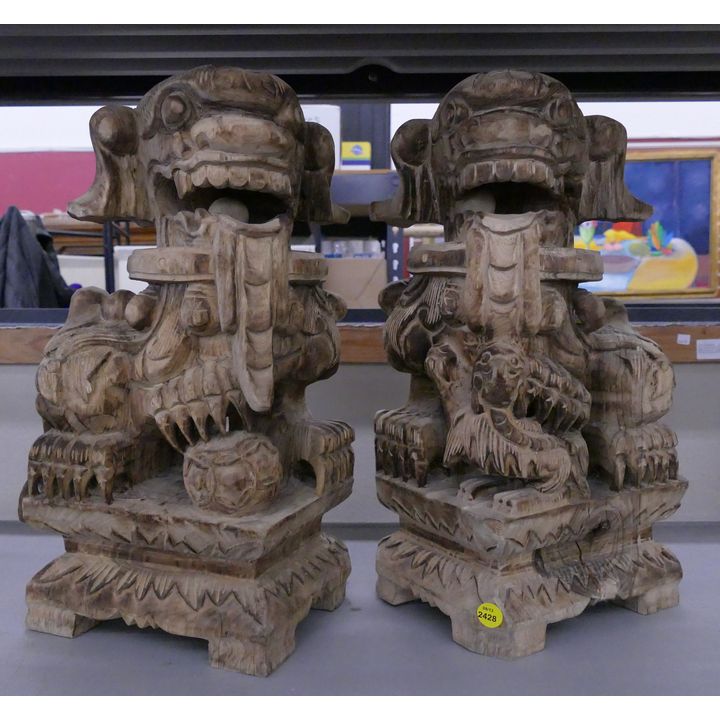 Pair Old Chinese Carved Wood Foo Lion Sculptures- 17''