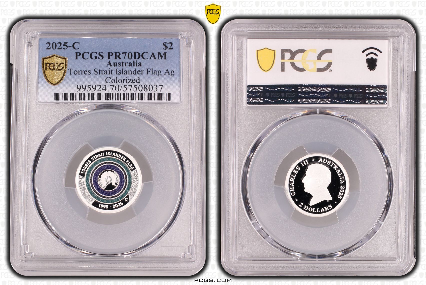 Charles III, Torres Strait Islander Flag Colourised Silver, Two Dollar, 2025-C, PCGS PR70DCAM