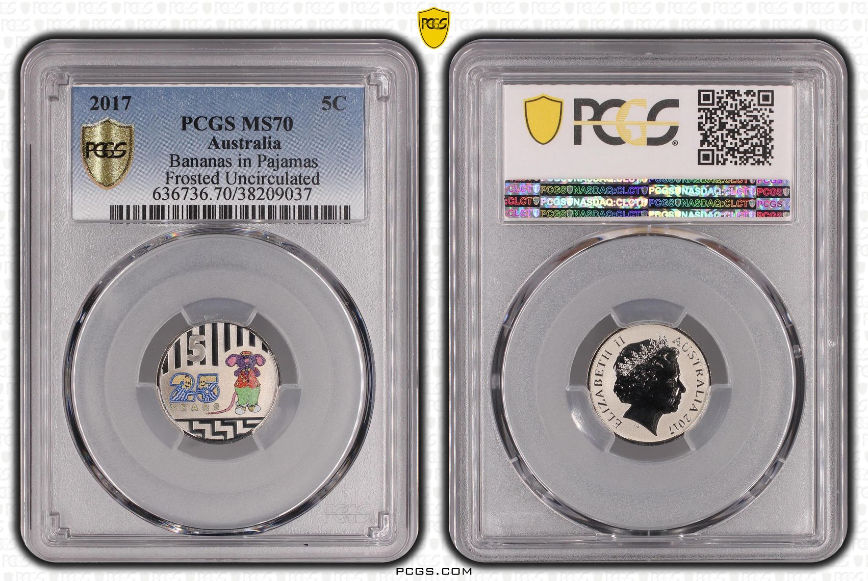 Bananas in Pyjamas Colorized Frosted Uncirculated, Five Cent, 2017, PCGS MS70