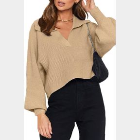 CHYRII WOMEN OVERIZED PUFF LONG SLEEVE V NECK KNITTED POLO PULLOVER SWEATER JUMPER TOPS APRICOT M