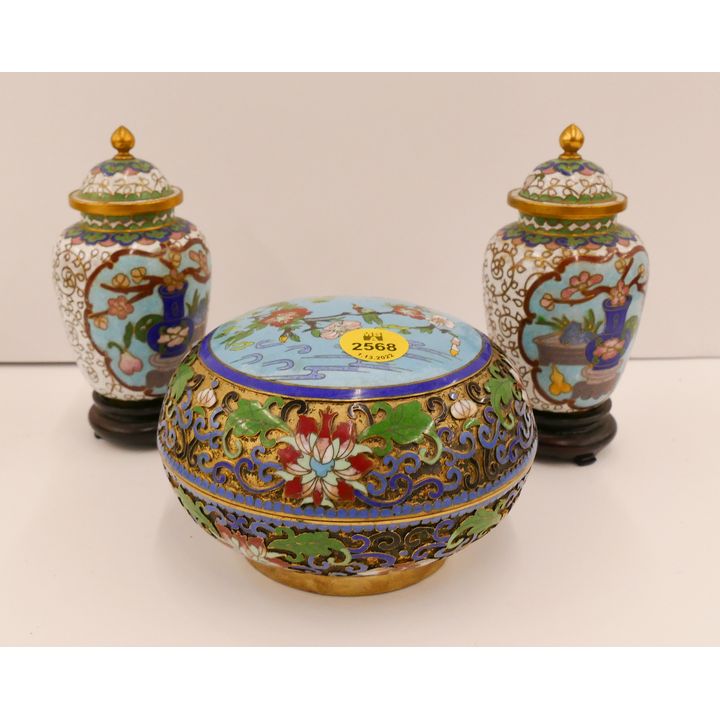 3pc Chinese Cloisonne Covered Jars & Box- 5''