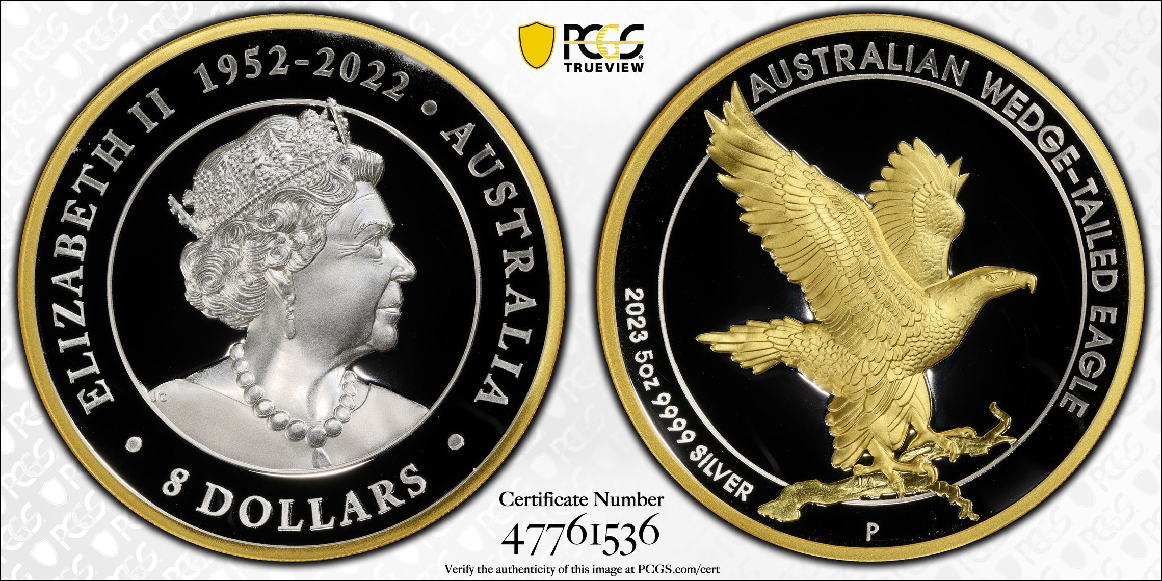Wedge-Tailed Eagle 5oz Ag Selective Gilt POP 1/0, Eight Dollar, 2023-P, PCGS PR70DCAM