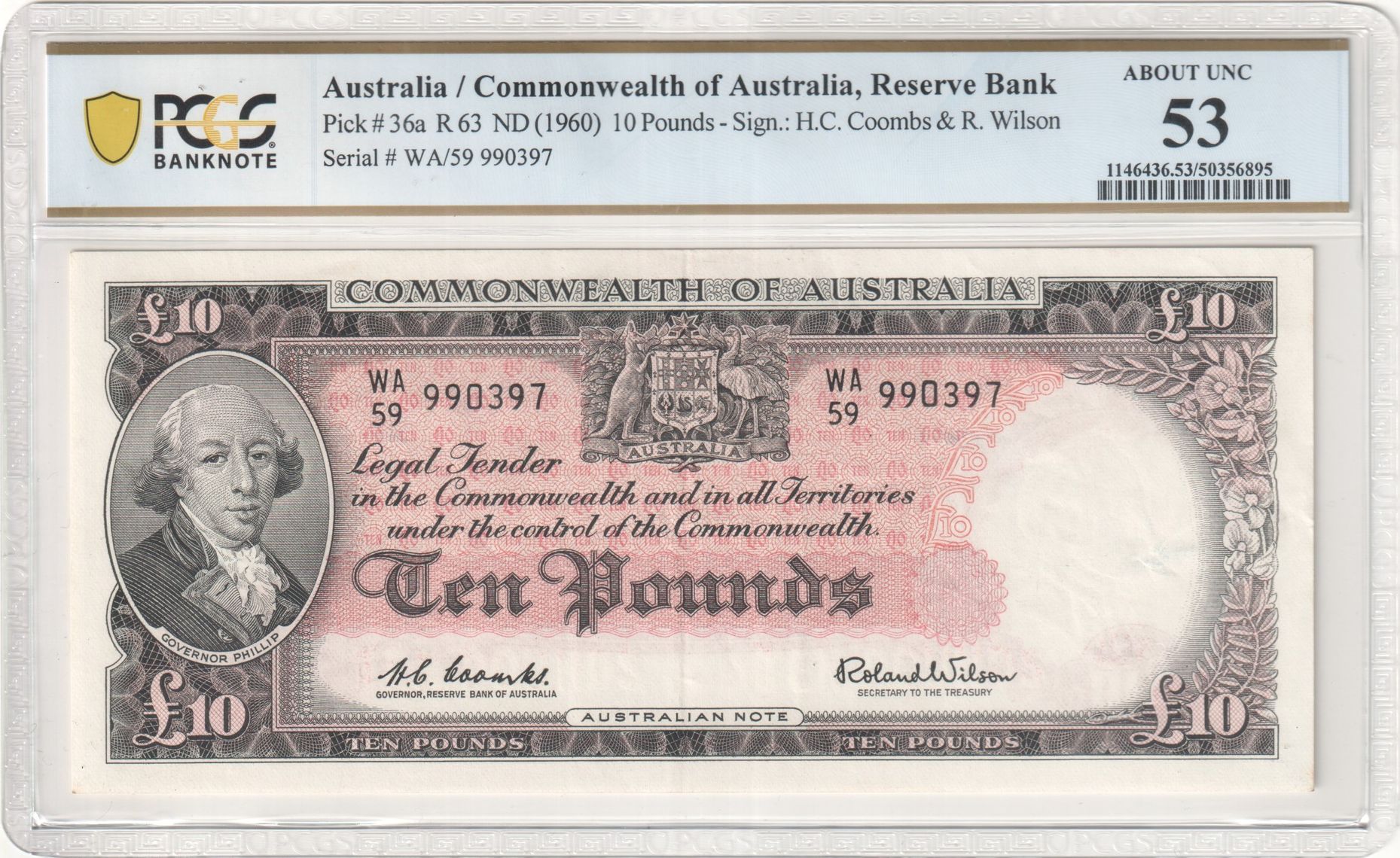 20 · Coombs/Wilson,Ten Pounds, ND (1960), PCGS About UNC 53