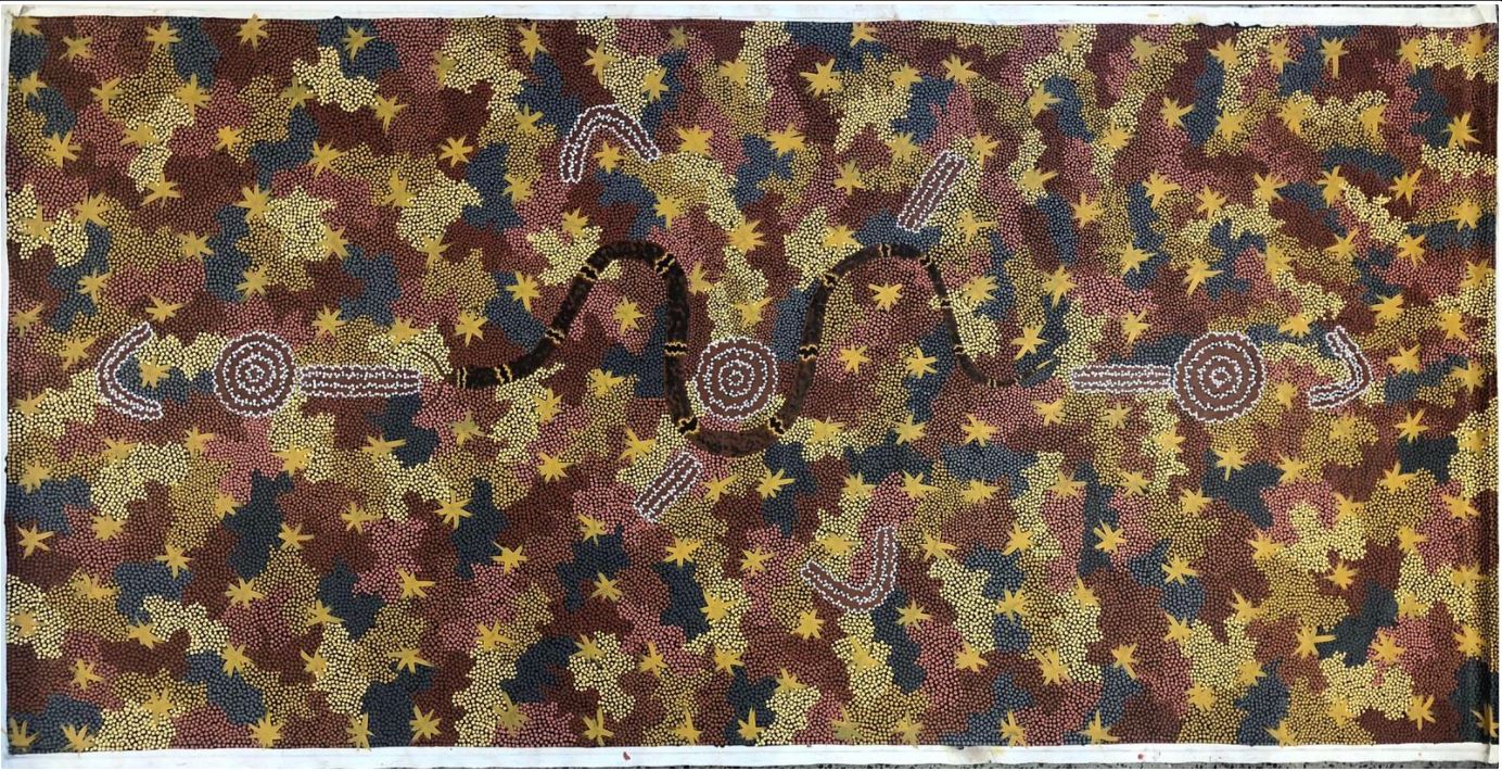 Clifford Possum Tjapaltjarri, "Carpet Snake Dreaming", acrylic on canvas, 127 x 79.5cm