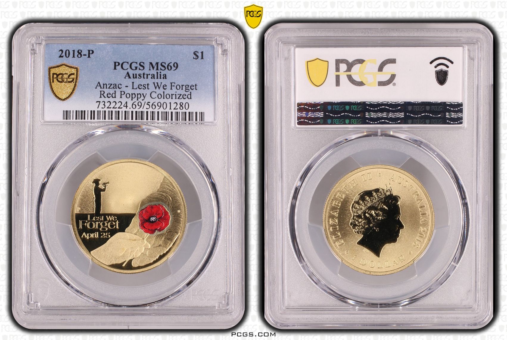 Anzac - Lest We Forget Red Poppy Colorized, POP 7/0, One Dollar, 2018-P, PCGS MS69