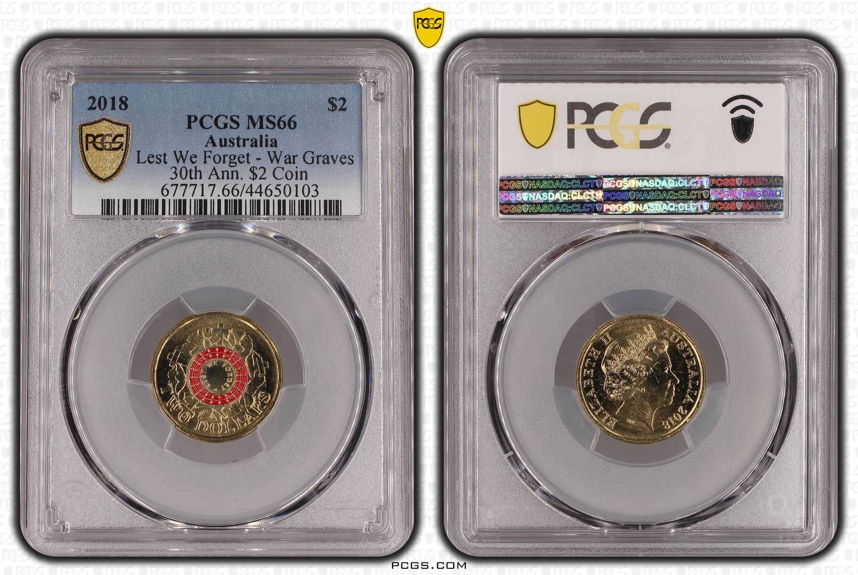 2018 Australia Two Dollar, $2 Lest We Forget - War Graves 30th Ann. $2 Coin PCGS - MS66 -103