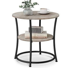 VASAGLE SIDE TABLE, ROUND END TABLE WITH 2 SHELVES FOR LIVING ROOM, BEDROOM, NIGHTSTAND WITH STEEL FOR SMALL SPACES, GREIGE AND IN