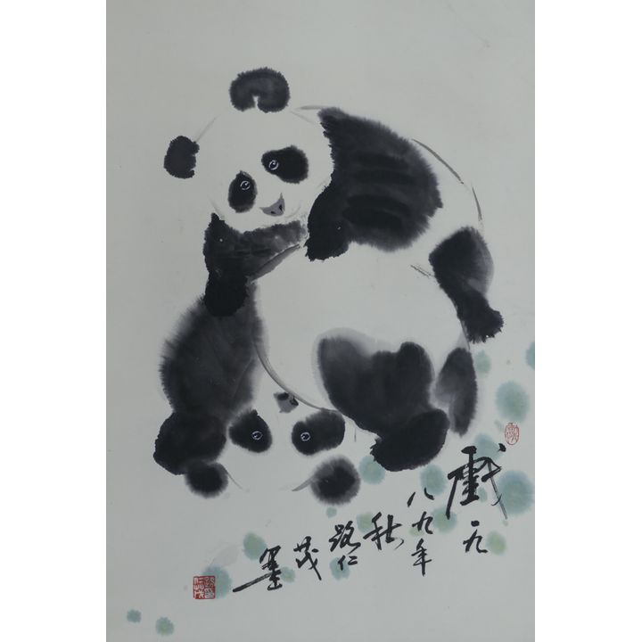 Renmao Lu (Chinese) Panda Bears Scroll Painting 24.5''x16'' Image