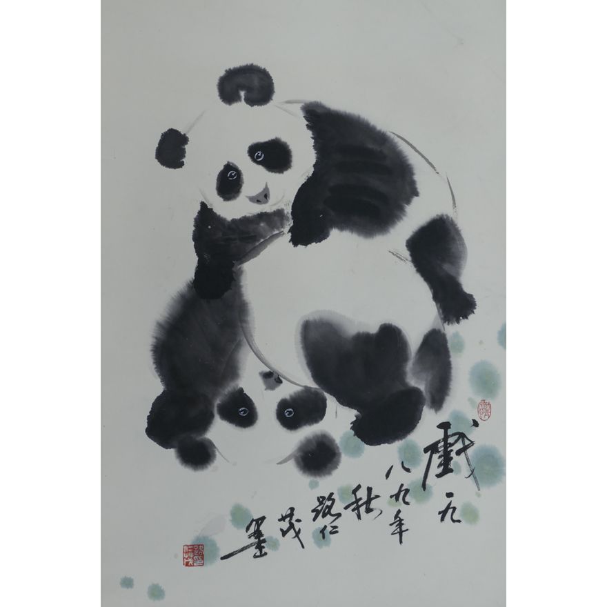 Renmao Lu (Chinese) Panda Bears Scroll Painting 24.5''x16'' Image
