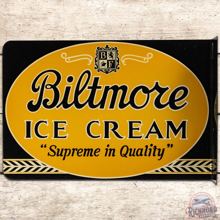 NOS 1958 Biltmore Ice Cream "Supreme in Quality" DS Tin Flange Sign