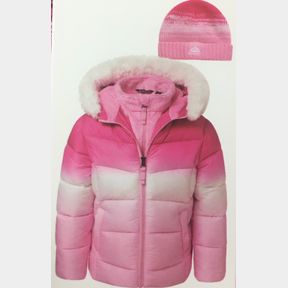 SNOZU GIRL'S FLEECE INNER BIB PUFFY DOWN JACKET AND KNIT HAT , PINK OMBRE SZ 2T