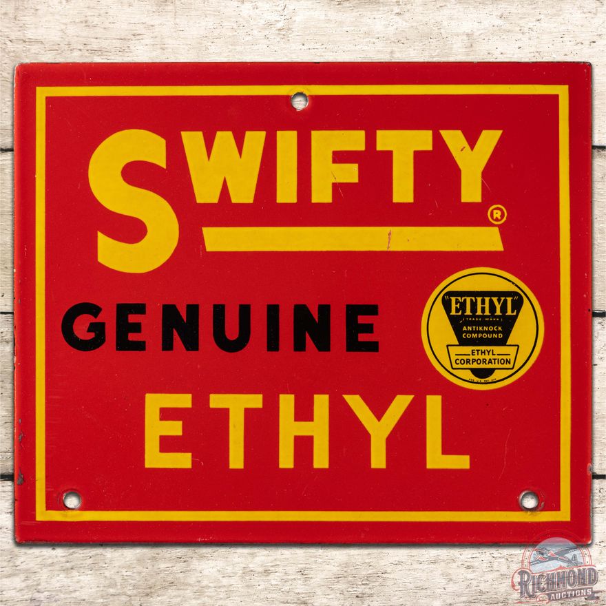 Swifty Genuine Ethyl Gasoline SS Porcelain Pump Plate Sign w/ logo