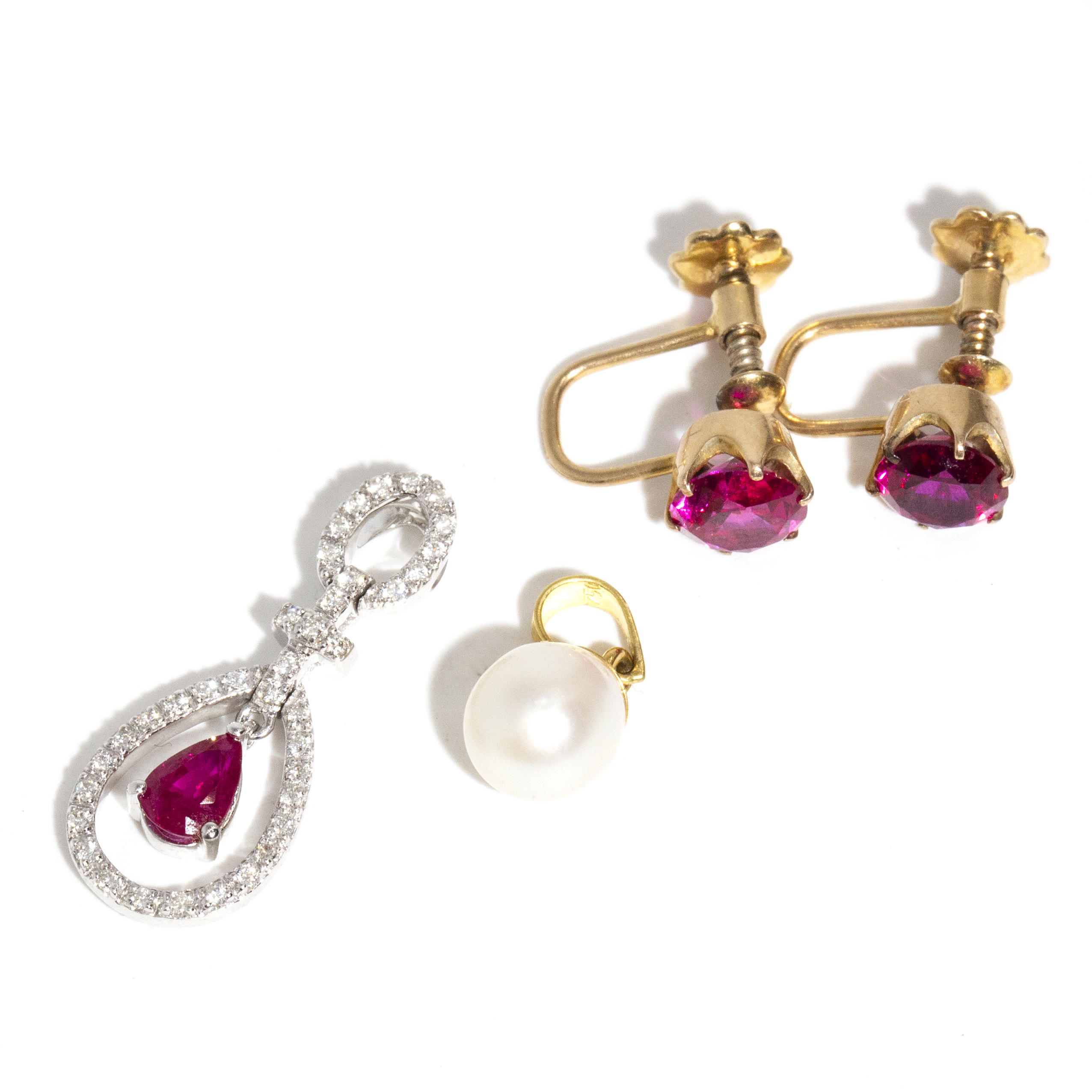 411 · 18ct Ruby & Diamond Pendant, Synthetic Ruby Earrings, & 18ct Pearl Pendant