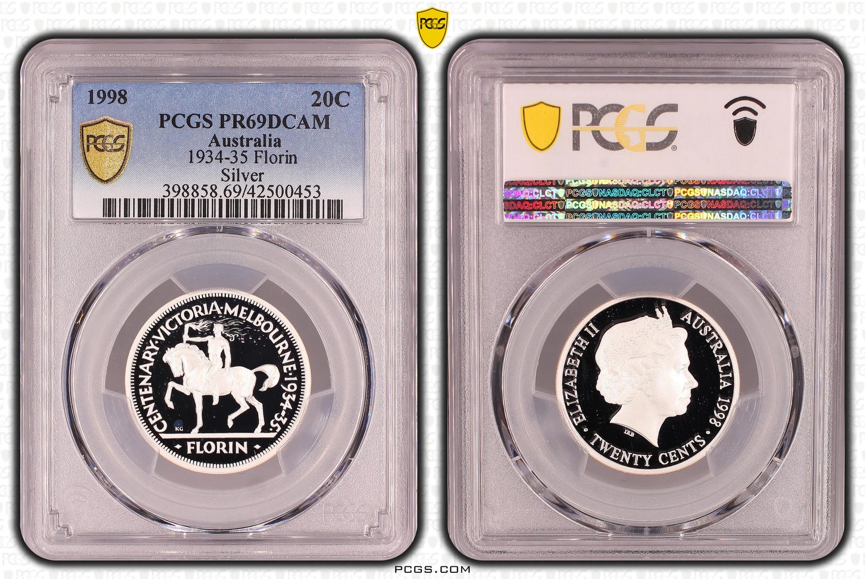 1998 Australia Twenty Cent, 20c 1934-35 Florin Silver PCGS - PR69DCAM -453