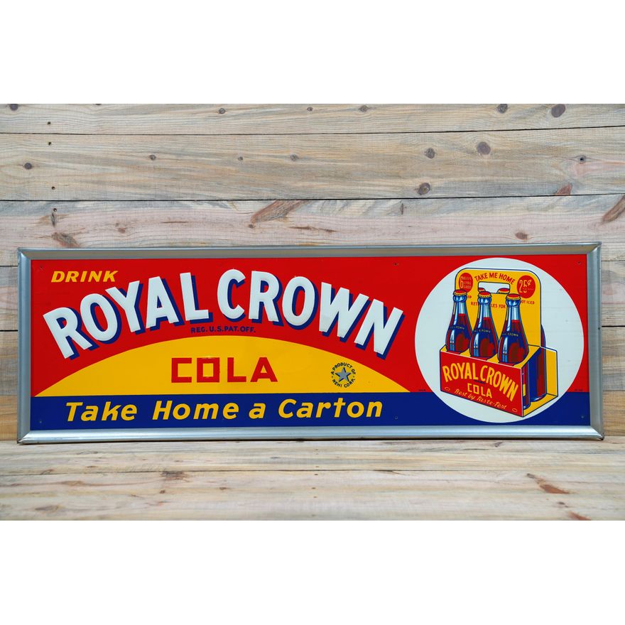 1942 Drink Royal Crown Cola w/ Six Pack Single Sided Tin Embossed Metal Sign TAC 9