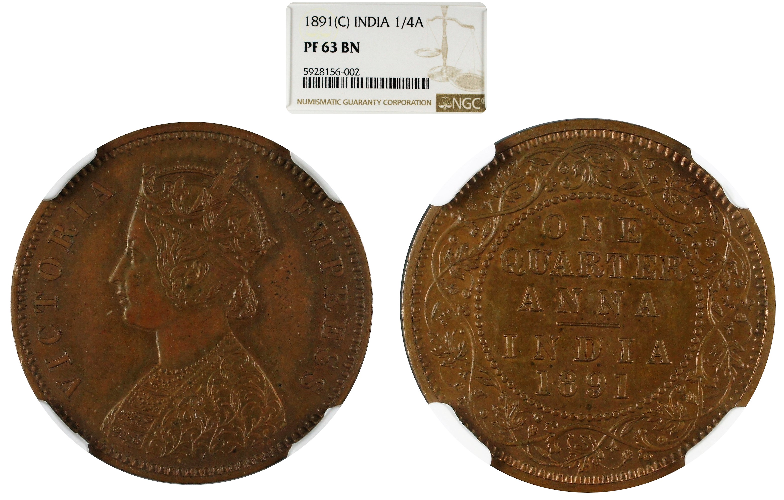 India 1891 C 1/4 Anna Original Proof NGC PF63 Brown - Rare as an original Proof