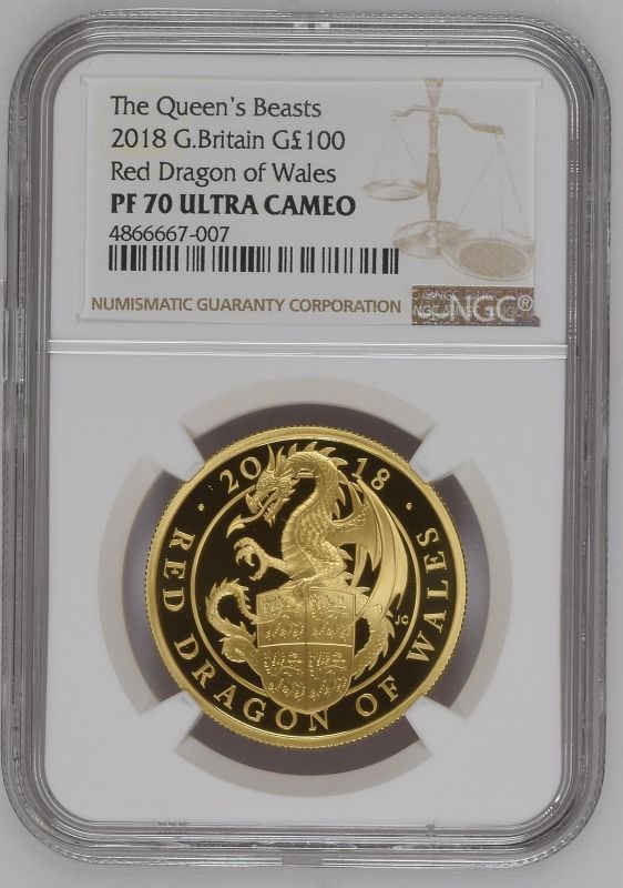 2018 Gold 100 Pounds The Queen's Beasts: The Red Dragon of Wales 1