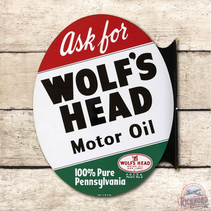 1966 Ask for Wolf's Head Motor Oil Metal Flange Sign TAC 9.75