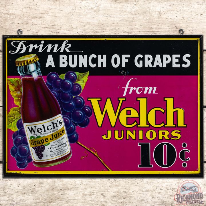 1931 Welch Juniors "Drink a Bunch of Grapes" Embossed SS Tin Sign w/ Bottle